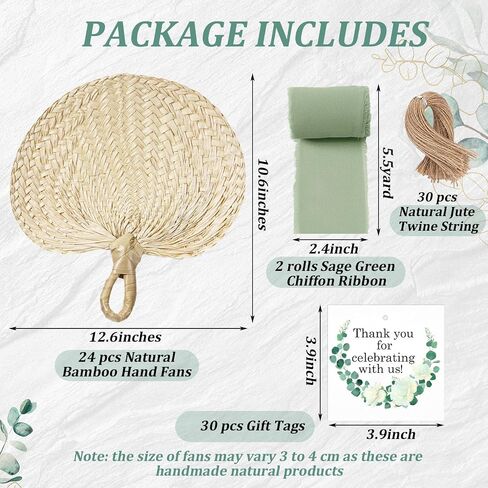 24 Sets Woven Palm Hand Fans Wedding Favors with Thank You Tags and Sage Green Ribbon Rustic Boho Natural Handmade Raffia Fans for Bridal Shower Baby Shower Summer Party Ceremony Decorations in Saudi Arabia