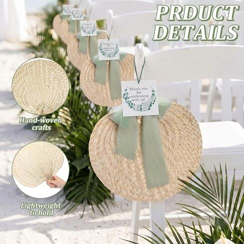 24 Sets Woven Palm Hand Fans Wedding Favors with Thank You Tags and Sage Green Ribbon Rustic Boho Natural Handmade Raffia Fans for Bridal Shower Baby Shower Summer Party Ceremony Decorations in Saudi Arabia