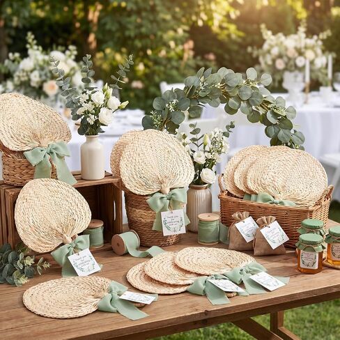 24 Sets Woven Palm Hand Fans Wedding Favors with Thank You Tags and Sage Green Ribbon Rustic Boho Natural Handmade Raffia Fans for Bridal Shower Baby Shower Summer Party Ceremony Decorations in Saudi Arabia