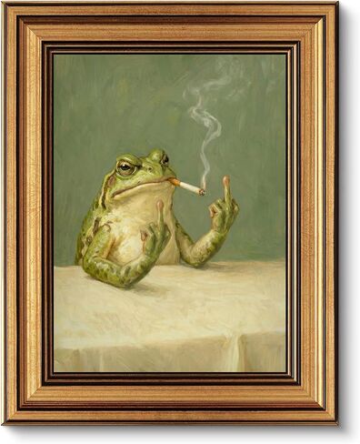 Gold Framed Wall Art, Vintage Funny Frog Smoking Canvas Prints – Funky Frog Middle Finger Pictures Decor, Eclectic Whimsical Animal Artwork for Dorm Bedroom Living Room 9x11 inch in Kuwait