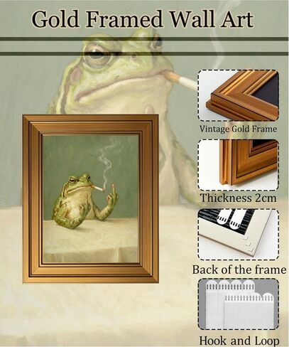 Gold Framed Wall Art, Vintage Funny Frog Smoking Canvas Prints – Funky Frog Middle Finger Pictures Decor, Eclectic Whimsical Animal Artwork for Dorm Bedroom Living Room 9x11 inch in Kuwait