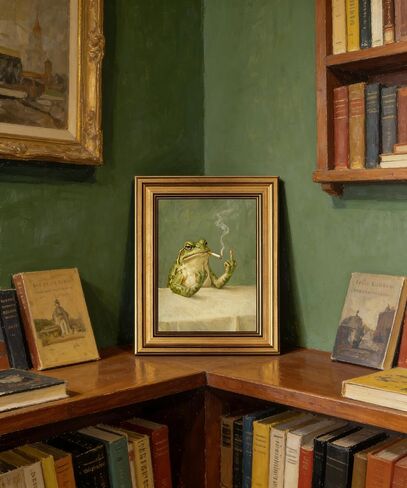 Gold Framed Wall Art, Vintage Funny Frog Smoking Canvas Prints – Funky Frog Middle Finger Pictures Decor, Eclectic Whimsical Animal Artwork for Dorm Bedroom Living Room 9x11 inch in Kuwait