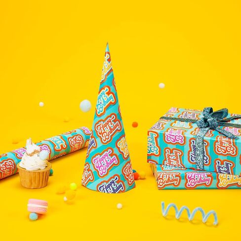 LaRibbons Birthday Reversible Wrapping Paper Mini Roll, Happy Birthday Text and Colorful Stripes, Perfect for Parties and Holiday Gifts, 17" x 33' (46.7 sq. ft) in Saudi Arabia