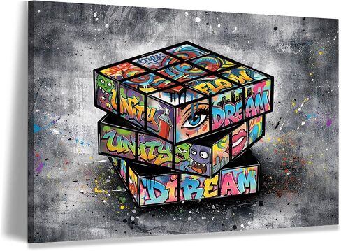 OVQJZIS 12"x16" Stretched Canvas Wall Art with Wood Inner Frame, Graffiti Magic Puzzle Cube Wall Decor, Urban Street Art Game Room Decor, White Gray Modern Artwork Ready to Hang for Teen Bedroom Living Room Office in Kuwait