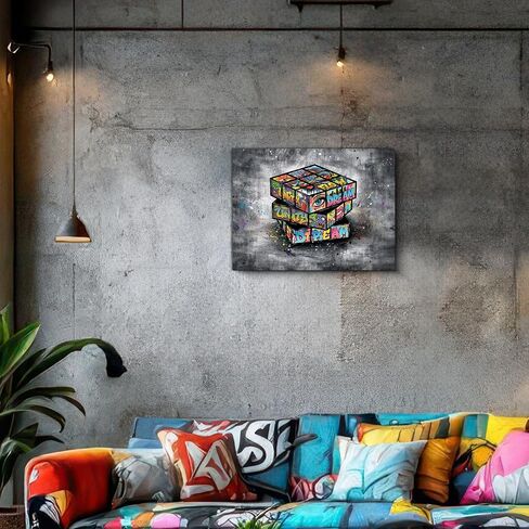 OVQJZIS 12"x16" Stretched Canvas Wall Art with Wood Inner Frame, Graffiti Magic Puzzle Cube Wall Decor, Urban Street Art Game Room Decor, White Gray Modern Artwork Ready to Hang for Teen Bedroom Living Room Office in Kuwait