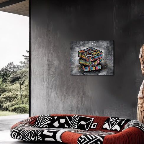OVQJZIS 12"x16" Stretched Canvas Wall Art with Wood Inner Frame, Graffiti Magic Puzzle Cube Wall Decor, Urban Street Art Game Room Decor, White Gray Modern Artwork Ready to Hang for Teen Bedroom Living Room Office in Kuwait