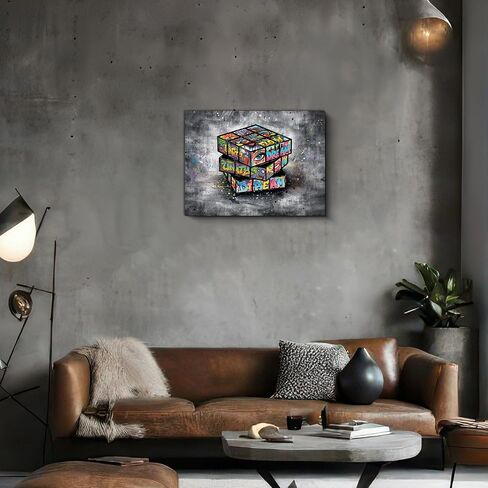 OVQJZIS 12"x16" Stretched Canvas Wall Art with Wood Inner Frame, Graffiti Magic Puzzle Cube Wall Decor, Urban Street Art Game Room Decor, White Gray Modern Artwork Ready to Hang for Teen Bedroom Living Room Office in Kuwait