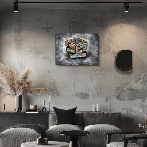 OVQJZIS 12"x16" Stretched Canvas Wall Art with Wood Inner Frame, Graffiti Magic Puzzle Cube Wall Decor, Urban Street Art Game Room Decor, White Gray Modern Artwork Ready to Hang for Teen Bedroom Living Room Office in Kuwait