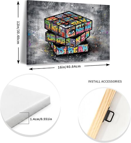 OVQJZIS 12"x16" Stretched Canvas Wall Art with Wood Inner Frame, Graffiti Magic Puzzle Cube Wall Decor, Urban Street Art Game Room Decor, White Gray Modern Artwork Ready to Hang for Teen Bedroom Living Room Office in Kuwait
