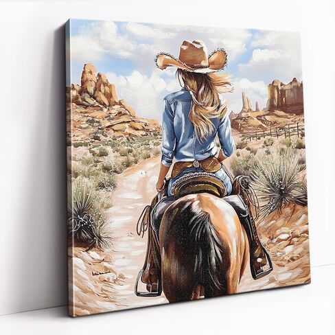 DRLWGTY 32x32 Western Cowgirl Canvas Wall Art Hand Textured Horse Painting with Silver Paint Details and Gemstones, Large Vintage Back View Artwork for Living Room Bedroom Farmhouse Wall Decor in Saudi Arabia