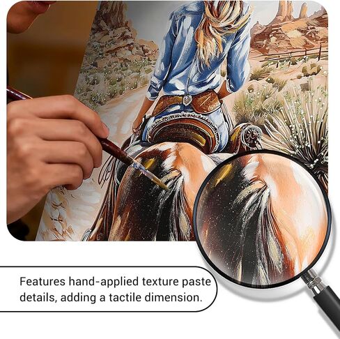 DRLWGTY 32x32 Western Cowgirl Canvas Wall Art Hand Textured Horse Painting with Silver Paint Details and Gemstones, Large Vintage Back View Artwork for Living Room Bedroom Farmhouse Wall Decor in Saudi Arabia