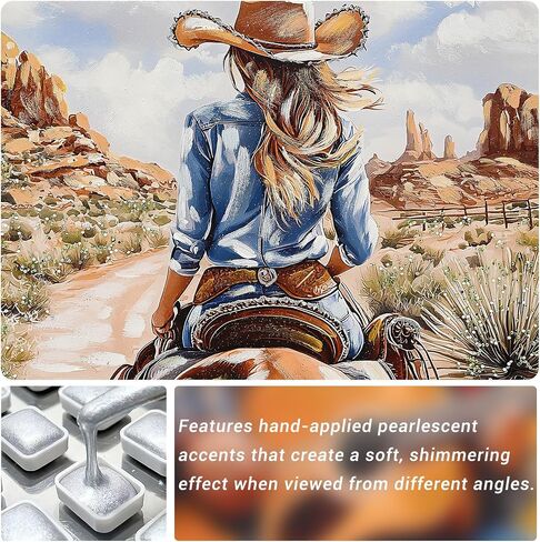 DRLWGTY 32x32 Western Cowgirl Canvas Wall Art Hand Textured Horse Painting with Silver Paint Details and Gemstones, Large Vintage Back View Artwork for Living Room Bedroom Farmhouse Wall Decor in Saudi Arabia
