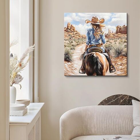 DRLWGTY 32x32 Western Cowgirl Canvas Wall Art Hand Textured Horse Painting with Silver Paint Details and Gemstones, Large Vintage Back View Artwork for Living Room Bedroom Farmhouse Wall Decor in Saudi Arabia