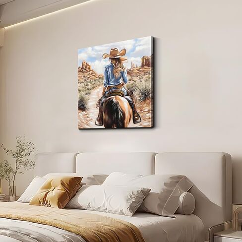 DRLWGTY 32x32 Western Cowgirl Canvas Wall Art Hand Textured Horse Painting with Silver Paint Details and Gemstones, Large Vintage Back View Artwork for Living Room Bedroom Farmhouse Wall Decor in Saudi Arabia