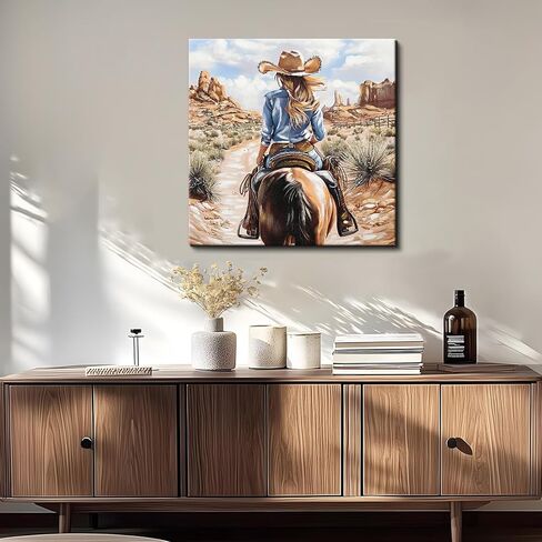DRLWGTY 32x32 Western Cowgirl Canvas Wall Art Hand Textured Horse Painting with Silver Paint Details and Gemstones, Large Vintage Back View Artwork for Living Room Bedroom Farmhouse Wall Decor in Saudi Arabia