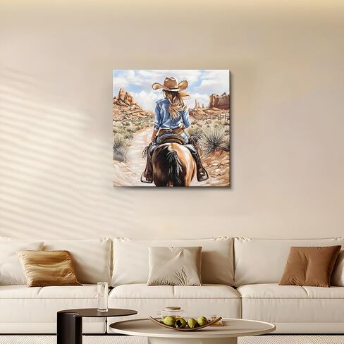 DRLWGTY 32x32 Western Cowgirl Canvas Wall Art Hand Textured Horse Painting with Silver Paint Details and Gemstones, Large Vintage Back View Artwork for Living Room Bedroom Farmhouse Wall Decor in Saudi Arabia