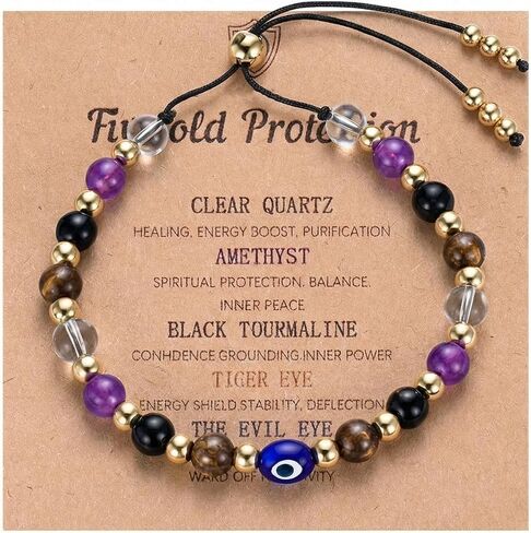 Qianyu Evil Dainty Bracelet Natural Crystal Protection Bracelet Protection Bracelets for Women Black Tourmaline Obsidian Bracelets Adjustable Guardian Jewelry Gift with Meaning Card for Women Men in Kuwait