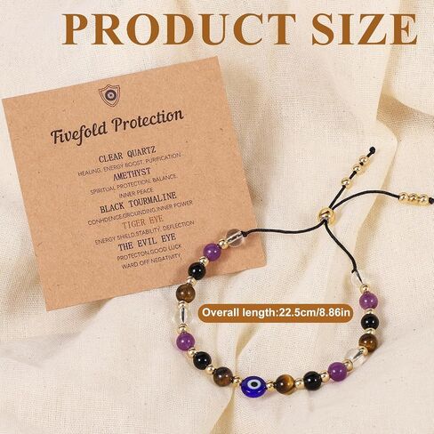 Qianyu Evil Dainty Bracelet Natural Crystal Protection Bracelet Protection Bracelets for Women Black Tourmaline Obsidian Bracelets Adjustable Guardian Jewelry Gift with Meaning Card for Women Men in Kuwait