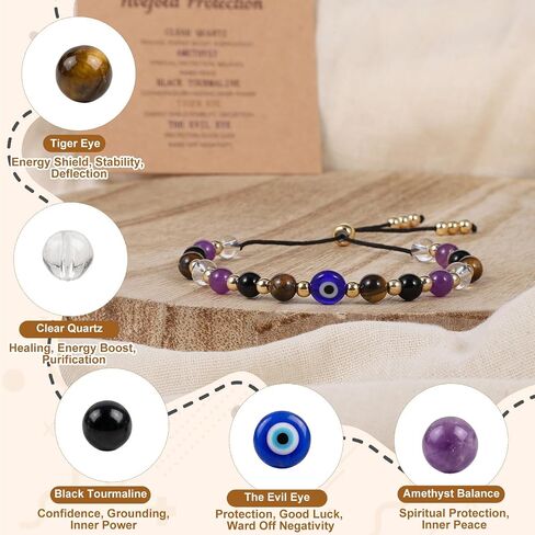 Qianyu Evil Dainty Bracelet Natural Crystal Protection Bracelet Protection Bracelets for Women Black Tourmaline Obsidian Bracelets Adjustable Guardian Jewelry Gift with Meaning Card for Women Men in Kuwait