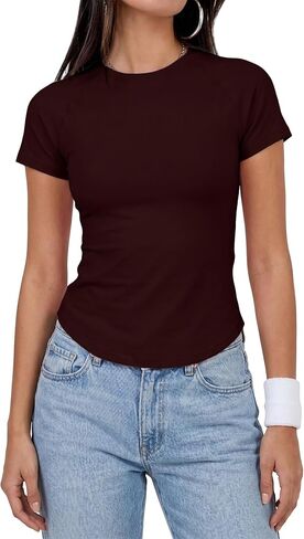 Form Fitting Yoga Tops for Women Short Sleeve Ribbed Workout T-Shirt for Running Gym Training in Kuwait