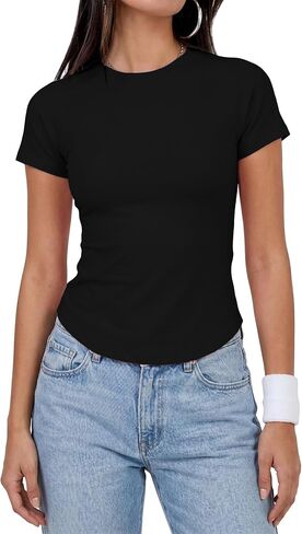 Form Fitting Yoga Tops for Women Short Sleeve Ribbed Workout T-Shirt for Running Gym Training in Kuwait