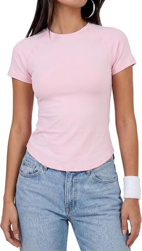 Form Fitting Yoga Tops for Women Short Sleeve Ribbed Workout T-Shirt for Running Gym Training in Kuwait