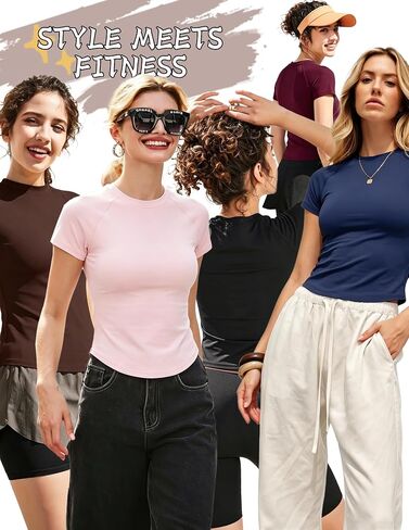 Form Fitting Yoga Tops for Women Short Sleeve Ribbed Workout T-Shirt for Running Gym Training in Kuwait