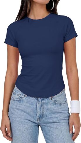 Form Fitting Yoga Tops for Women Short Sleeve Ribbed Workout T-Shirt for Running Gym Training in Kuwait