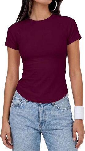 Form Fitting Yoga Tops for Women Short Sleeve Ribbed Workout T-Shirt for Running Gym Training in Kuwait