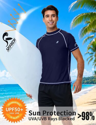 Roadbox Swim Shirts for Men, UPF 50+ Short Sleeve Rash Guard, UV Sun Protection Quick Dry Water T-Shirt for Surfing and Beach in Kuwait