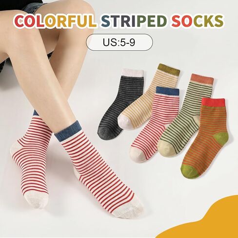5 Pairs Women Stripe Crew Socks Colorful Striped Socks Cute Athletic Casual Sock for Women Girls in Saudi Arabia