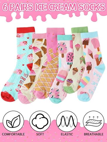 Shyyween 6 Pairs Ice Cream Socks for Girls Teen Boys Fun Novelty Socks for Youth Kids School Sports Casual Summer Gifts in Kuwait