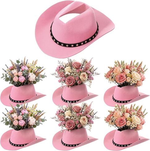 Didaey 6 Pcs Cowboy Hat Flower Vase Western Cowboy Party Table Centerpiece for Artificial Flower Cotton Linen Floral Vase with Top Opening Wedding Baby Shower Birthday Party (Star Belt,Brown) in Kuwait