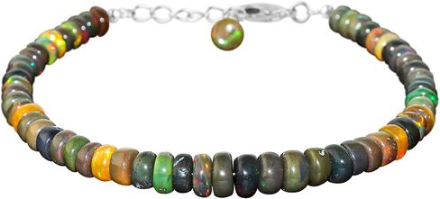 Genuine Ethiopian Black Opal Gemstone Dainty Bracelet, Handmade Hypoallergenic Jewelry for Women, October Birthstone, Silver Adjustable Chain, Polished Beaded Bracelet, 7+1 Inch in Saudi Arabia