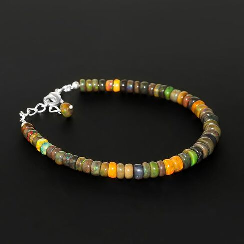 Genuine Ethiopian Black Opal Gemstone Dainty Bracelet, Handmade Hypoallergenic Jewelry for Women, October Birthstone, Silver Adjustable Chain, Polished Beaded Bracelet, 7+1 Inch in Saudi Arabia