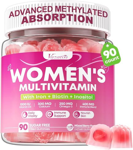 90 Count Womens Multivitamin Gummy, Methylated Multivitamin for Women with Iron, Biotin, Vitamins A, C, E, D3, K2 and B Complex for Beauty, Immune, Hair & Skin, Vegan, Sugar Free, Mixed Berry Flavor in Saudi Arabia