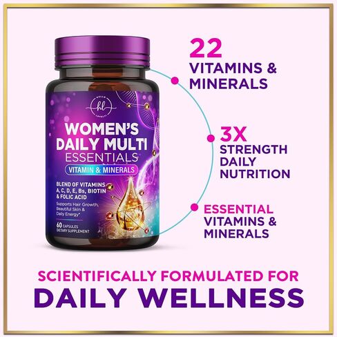 Multivitamin for Women - 3X Strength Daily Women Multivitamin, Vitamins A, D, C, E, Biotin, Folic Acid, Calcium, & Iron, Complete Multi Vitamin for Beautiful Hair & Skin, Bottled in USA, 60 Capsules in Saudi Arabia