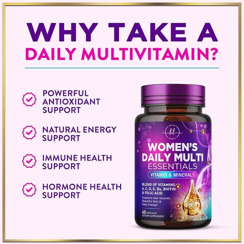 Multivitamin for Women - 3X Strength Daily Women Multivitamin, Vitamins A, D, C, E, Biotin, Folic Acid, Calcium, & Iron, Complete Multi Vitamin for Beautiful Hair & Skin, Bottled in USA, 60 Capsules in Saudi Arabia