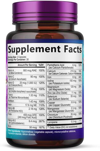 Multivitamin for Women - 3X Strength Daily Women Multivitamin, Vitamins A, D, C, E, Biotin, Folic Acid, Calcium, & Iron, Complete Multi Vitamin for Beautiful Hair & Skin, Bottled in USA, 60 Capsules in Saudi Arabia
