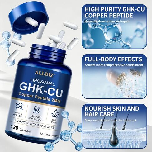 ALLBIZ Liposomal GHK-Cu Copper Peptide, 314mcg Copper Peptides for Skin Structure, Hair Texture & Scalp Health | Supports Natural Collagen Synthesis | 20X Absorption | Vegan, Non-GMO | 120 Capsules in Saudi Arabia