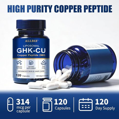 ALLBIZ Liposomal GHK-Cu Copper Peptide, 314mcg Copper Peptides for Skin Structure, Hair Texture & Scalp Health | Supports Natural Collagen Synthesis | 20X Absorption | Vegan, Non-GMO | 120 Capsules in Saudi Arabia