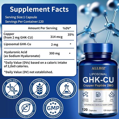 ALLBIZ Liposomal GHK-Cu Copper Peptide, 314mcg Copper Peptides for Skin Structure, Hair Texture & Scalp Health | Supports Natural Collagen Synthesis | 20X Absorption | Vegan, Non-GMO | 120 Capsules in Saudi Arabia