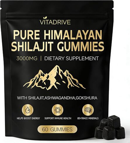 Himalayan Natural Shilajit Gummies, Shilajit Gold Gummies Energy Boost, 85+ Trace Minerals and Fulvic Acid for Energy Boost, All-Natural Sugar-Free Vegan for Men & Women, 60 Count in Kuwait