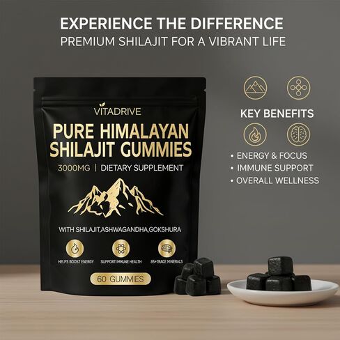 Himalayan Natural Shilajit Gummies, Shilajit Gold Gummies Energy Boost, 85+ Trace Minerals and Fulvic Acid for Energy Boost, All-Natural Sugar-Free Vegan for Men & Women, 60 Count in Kuwait