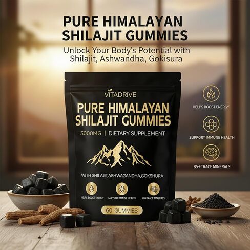 Himalayan Natural Shilajit Gummies, Shilajit Gold Gummies Energy Boost, 85+ Trace Minerals and Fulvic Acid for Energy Boost, All-Natural Sugar-Free Vegan for Men & Women, 60 Count in Kuwait