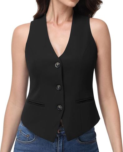 V VOCNI Womens Vest V Neck Vest Tops Fashion Casual Button Down Suit Waistcoat in Kuwait