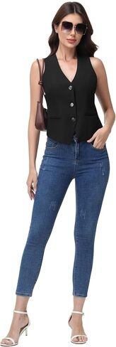 V VOCNI Womens Vest V Neck Vest Tops Fashion Casual Button Down Suit Waistcoat in Kuwait
