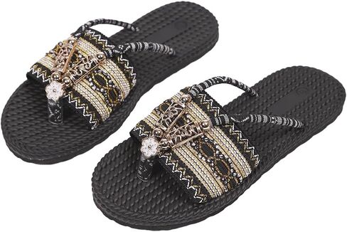 Rungion Women's Summer Boho Beaded Flat Thong Sandals Woven Beach Slides Slipper Comfort Non-Slip Outdoor Flip Flops in Saudi Arabia