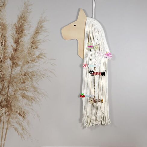 KOLYMAX Wooden Horse Hair Bow Holder, White Macrame Mane, Wall Mount Organizer for Girls Room, 23.62x8.86 Inches in Saudi Arabia