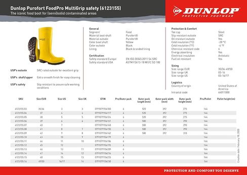 DUNLOP 16" Purofort Food Pro Multigrip Steel Toe ESD Waterproof Pull On Work Boot Yellow/Black - 6123155 in Kuwait